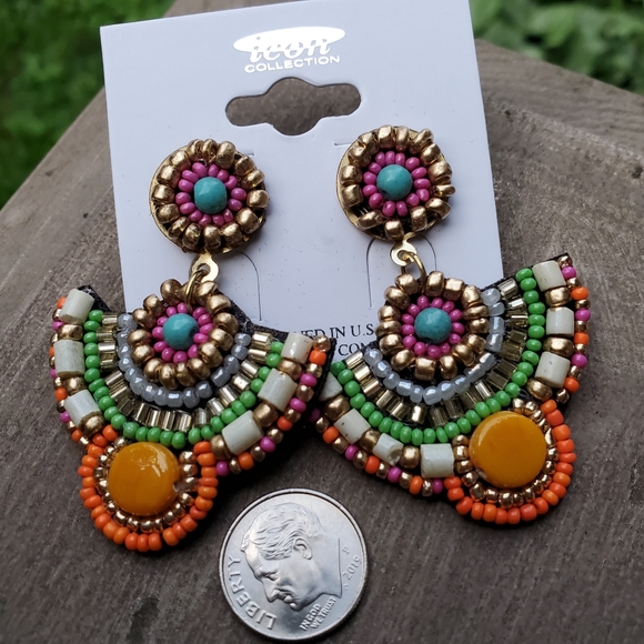 Multi beaded Festive statement Earrings Free Spirit boho People Trendy Vtg Insp - Picture 10 of 12